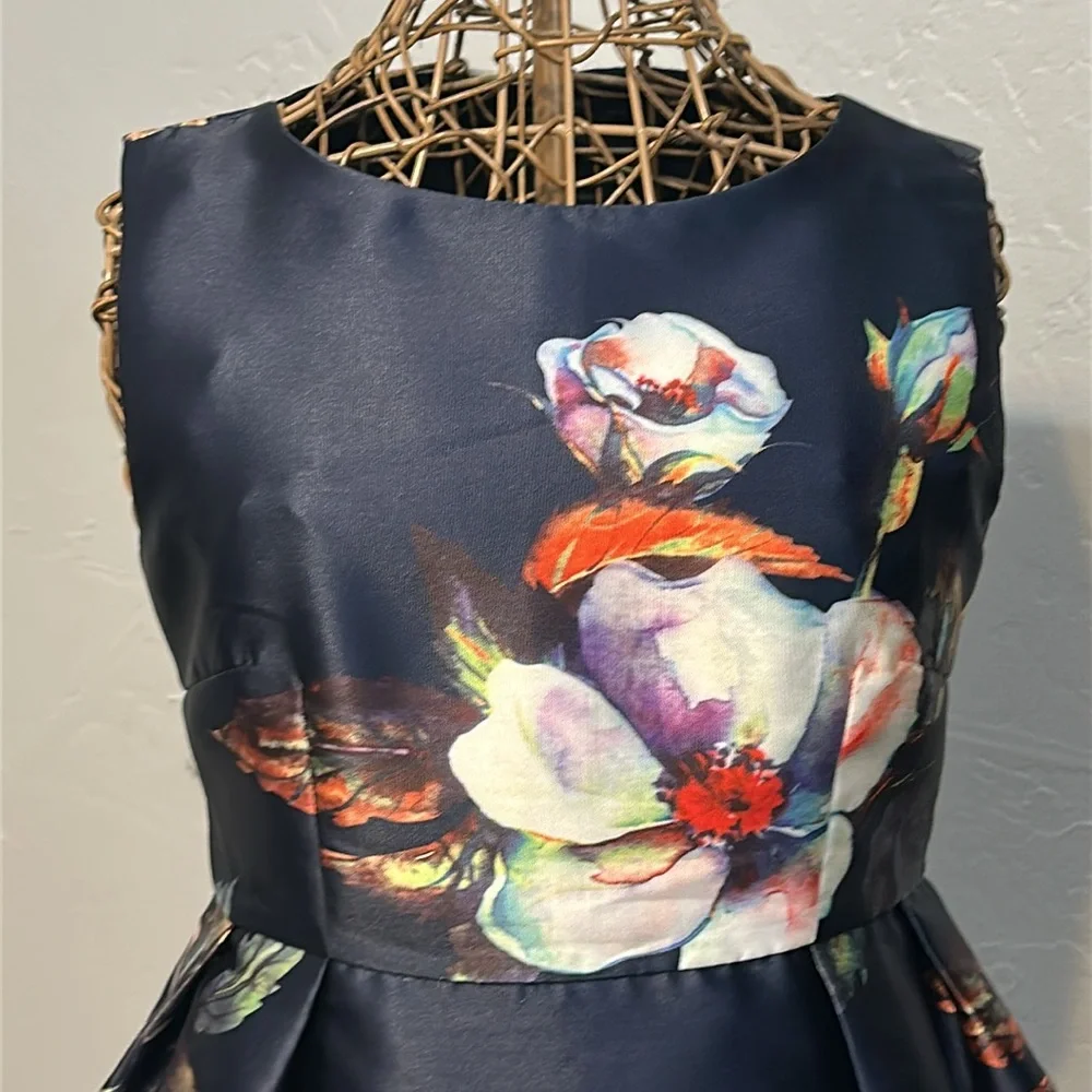 Beulah Style Floral on Navy, fit/flare occasion midi dress. Sleeveless. Size MP - Picture 2 of 12